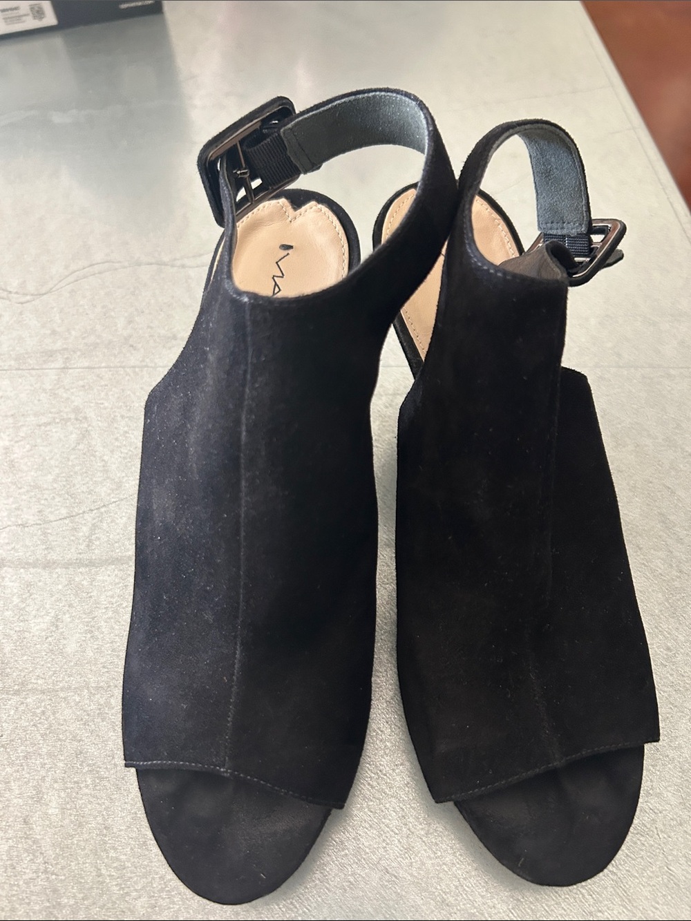 Via Spiga Black Suede Open-Toe Slingback Mules with Block Heel